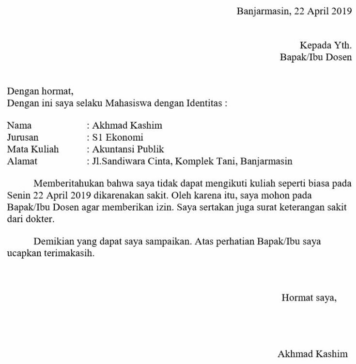 1. Contoh Surat Izin Tidak Masuk Kuliah