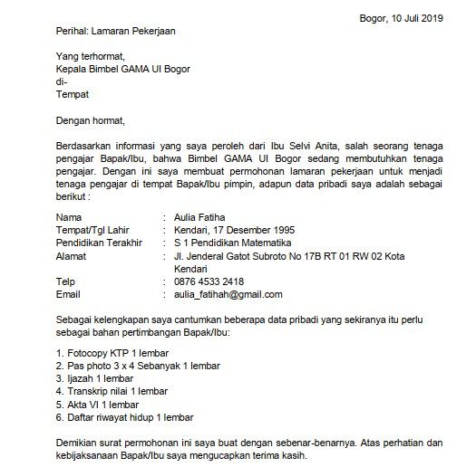 10. Contoh Surat Lamaran Kerja Guru Bimbel