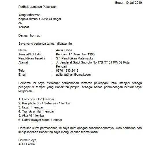 10. Contoh Surat Lamaran Pekerjaan Umum Guru Bimbel