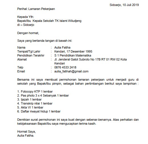 4. Contoh Surat Lamaran Pekerjaan Guru Yayasan Pendidikan