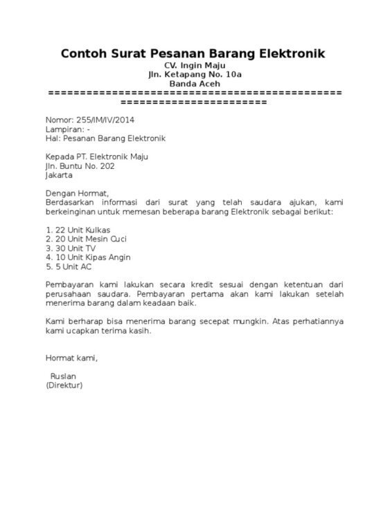 4. Contoh Surat Pesanan Barang Berdasarkan Surat Penawaran