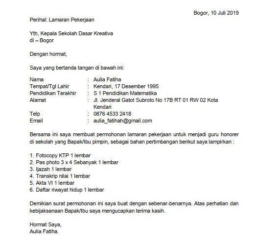 8. Contoh Surat Lamaran Kerja Guru Honorer