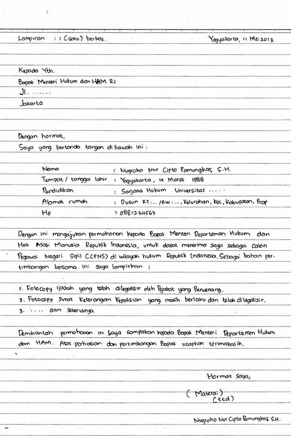 9. Contoh Surat Lamaran Pekerjaan Tulis Tangan