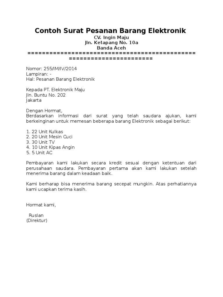 9. Contoh Surat Pemesanan Barang