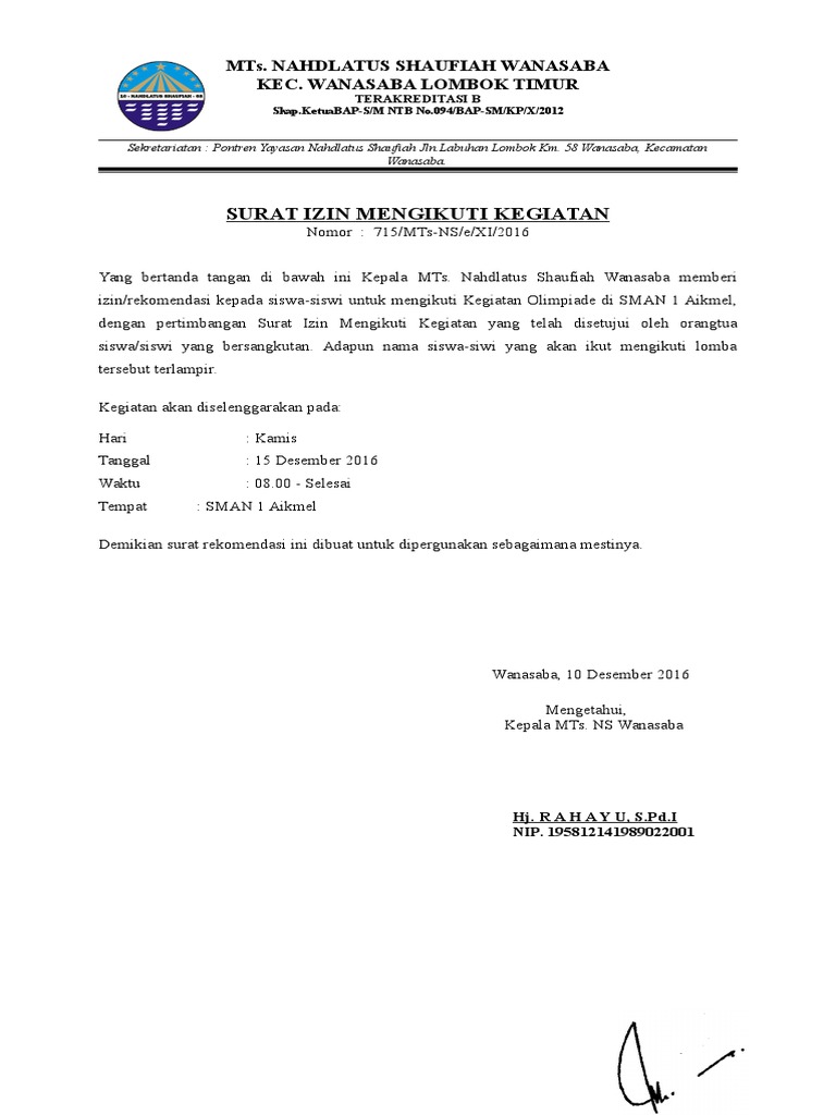 10. Contoh Surat Izin Sekolah Karena Mengikuti Lomba