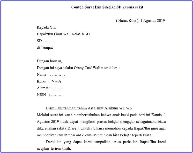 11. Contoh Surat Izin Tidak Masuk Sekolah SD