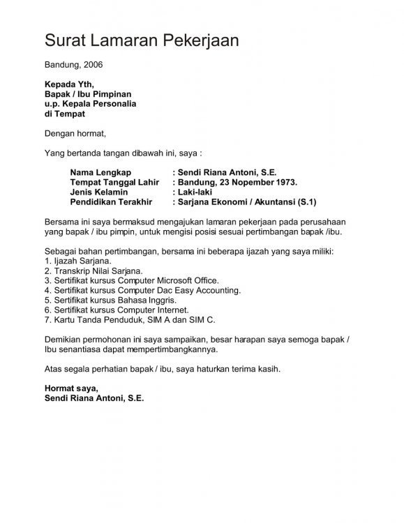 13. Contoh Surat Lamaran Pekerjaan Di PT