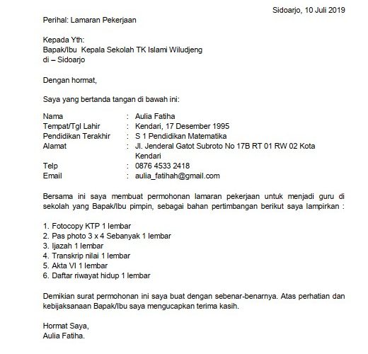 4. Contoh Surat Lamaran Pekerjaan Yang Baik Dan Benar Sebagai Guru