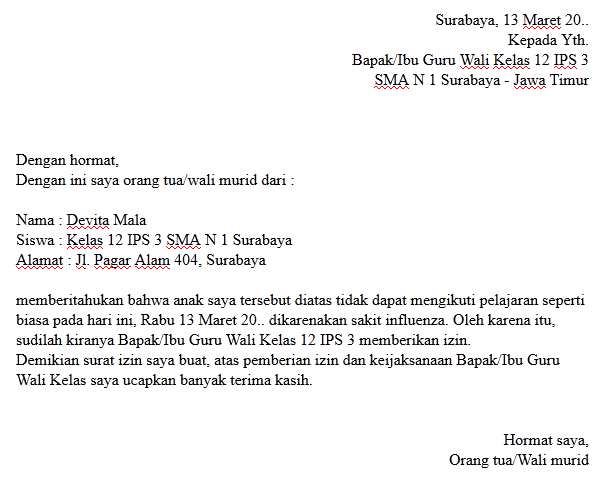 5. Contoh Surat Sakit Ke Sekolah