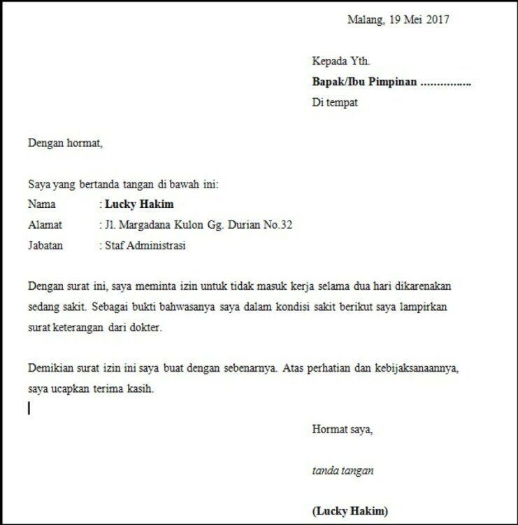 6. Contoh Surat Izin Tidak Masuk Sekolah Yang Benar