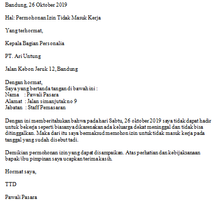 8. Contoh Surat Izin Tidak Masuk Kerja Karena Keluarga Meninggal