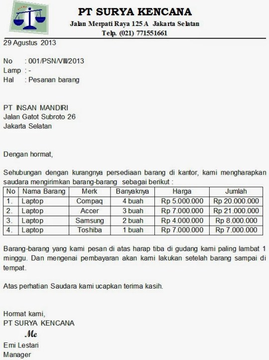 8. Contoh Surat Pemesanan Barang Elektronik Rumah Tangga