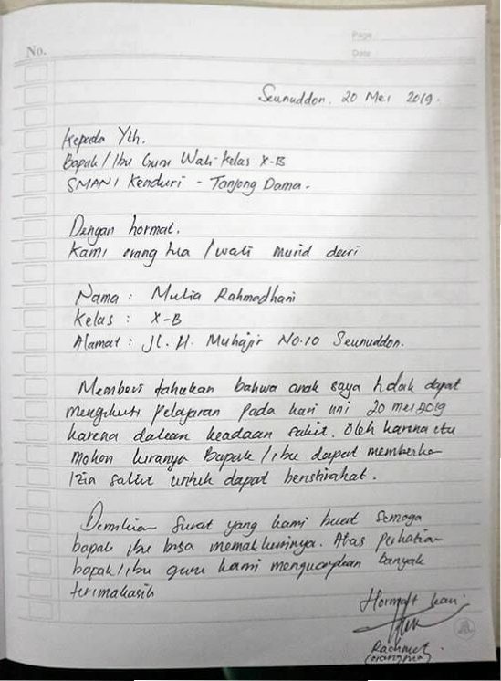 Surat Tidak Masuk Sekolah Karena Sakit Buatan Sendiri