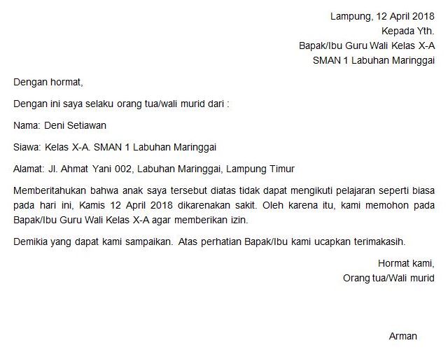 Surat Tidak Masuk Sekolah Karena Sakit Dari Orang Tua