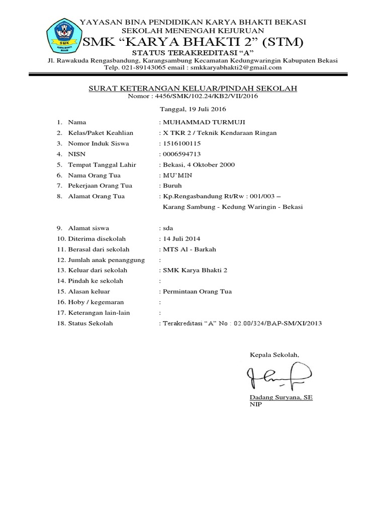 13. Surat Pernyataan Keluar Dari Sekolah