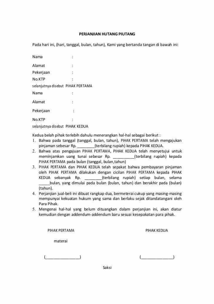 2. Contoh Surat Perjanjian Hutang Piutang Tanpa Jaminan