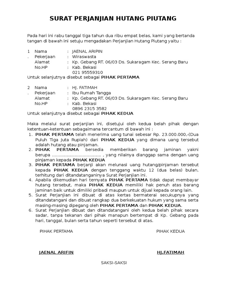 3. Contoh Surat Perjanjian Hutang