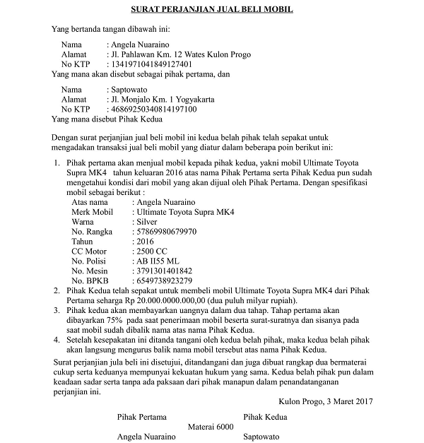 3. Contoh Surat Perjanjian Jual Beli Mobil