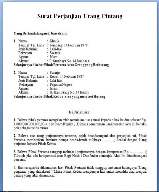 4. Contoh Surat Perjanjian Hutang Piutang Dengan Jaminan