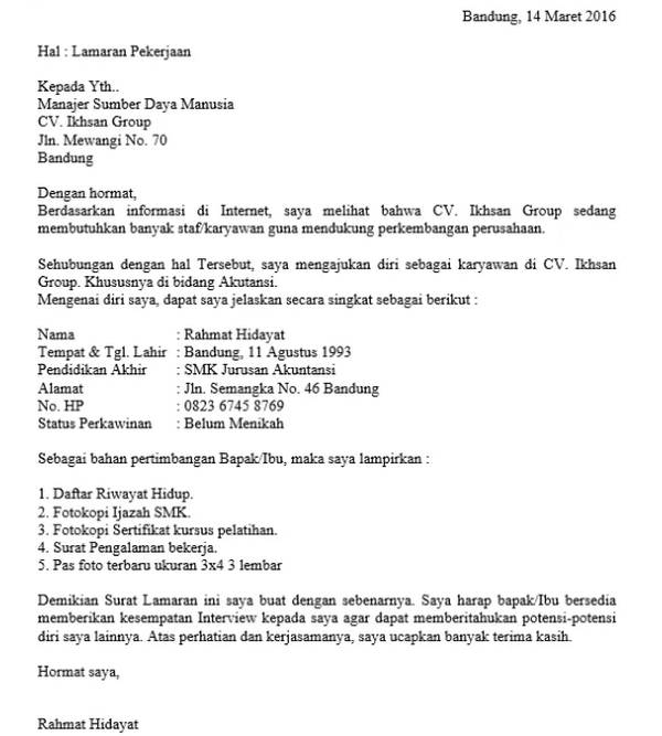 5. Contoh Surat Lamaran Kerja Di PT