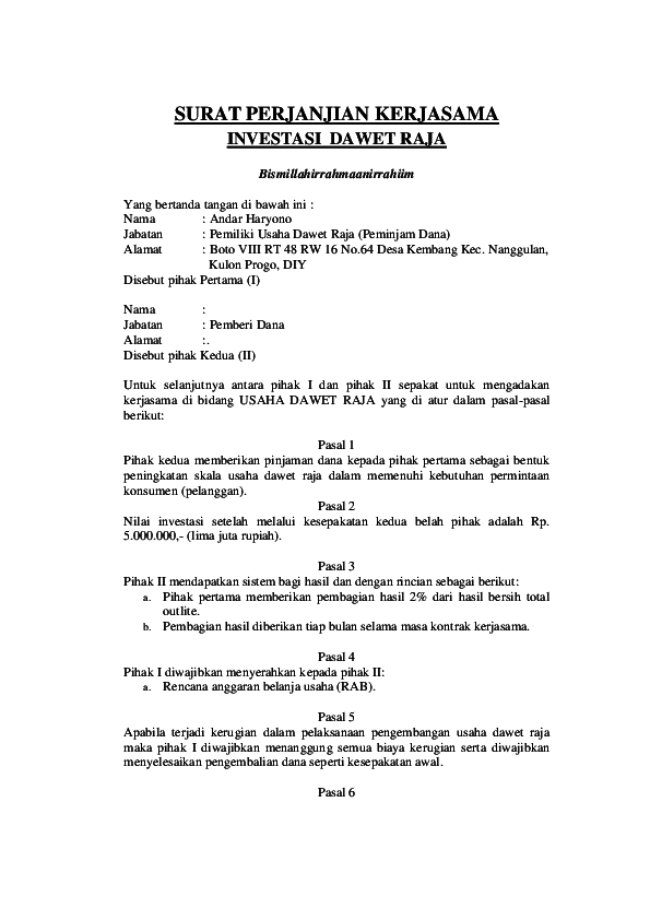 6. Contoh Surat Perjanjian Kerjasama Investasi