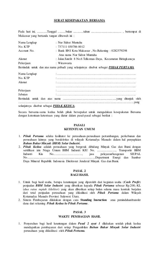 8. Contoh Surat Perjanjian Kesepakatan