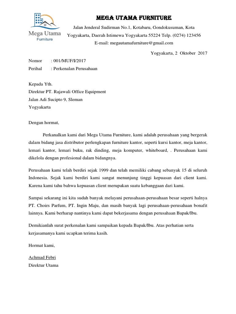 1. Contoh Surat Perkenalan Perusahaan Baru