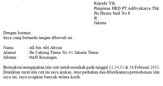 2. Contoh Surat Cuti Kerja Karena Menikah