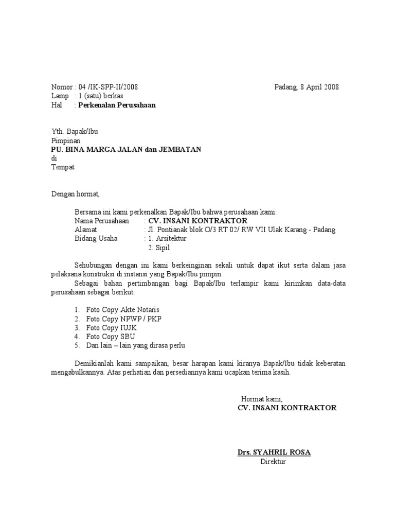 2. Contoh Surat Perkenalan Perusahaan Kontraktor