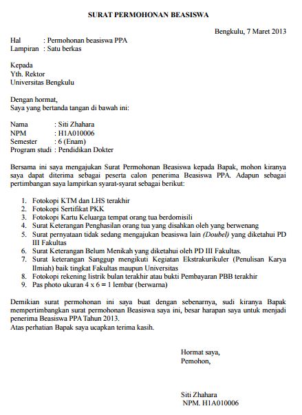 2. Contoh Surat Permohonan Beasiswa Tidak Mampu