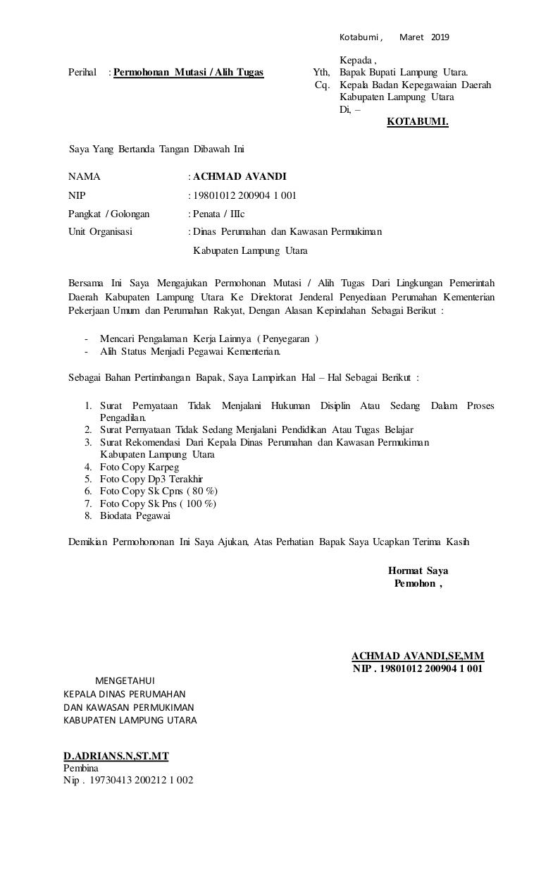 8. Contoh Surat Permohonan Pindah Tugas