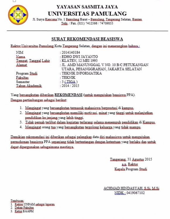 4. Contoh Surat Rekomendasi Kepala Sekolah Untuk Kuliah