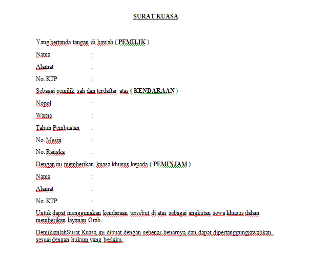 4. Contoh Surat Kuasa STNK Motor Grab