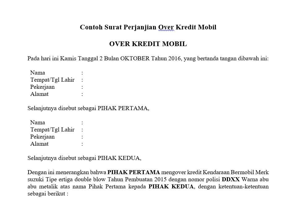 Contoh Surat Perjanjian Over Kredit Mobil