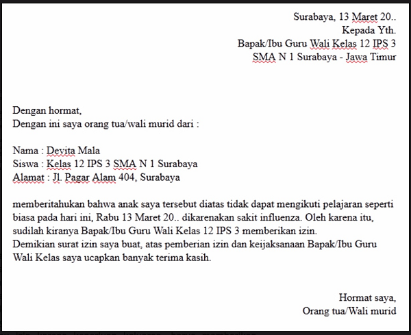 11. Contoh Surat Izin Tidak Masuk Sekolah SMA