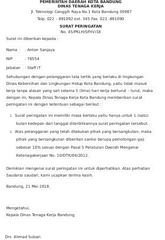 2. Contoh Surat Teguran PNS Karena Terlambat Masuk Kerja