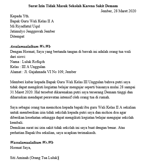 3. Contoh Surat Izin Sekolah Dengan Menyebutkan Penyakit