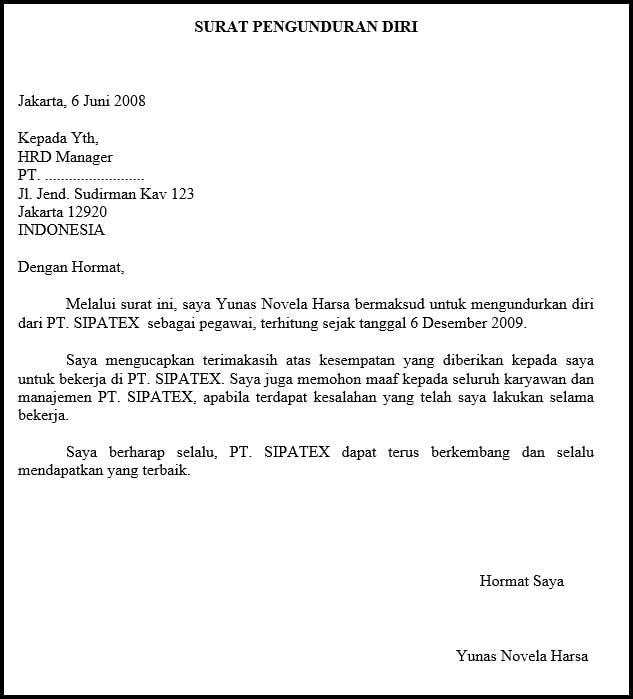 6. Contoh Surat Resign Simpel Dan Sederhana