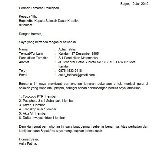 1. Contoh Surat Lamaran Kerja Guru SD