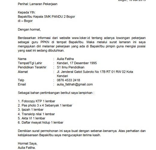 11. Contoh Surat Lamaran Kerja Guru SMK