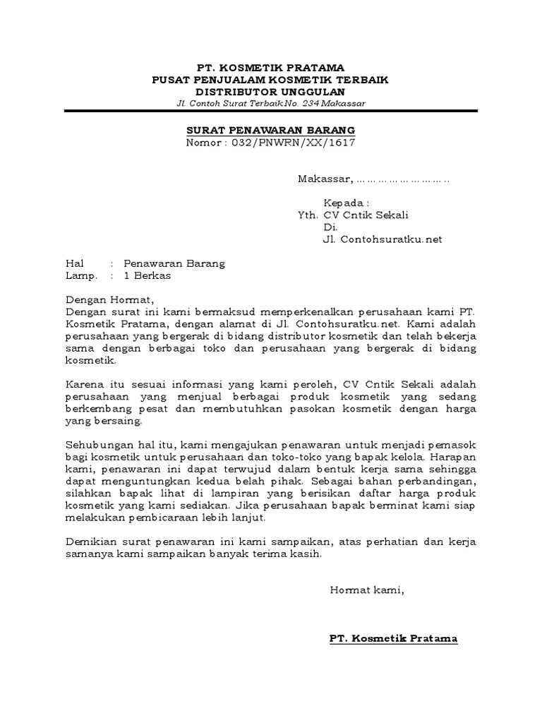 11. Contoh Surat Penawaran Produk Kosmetik