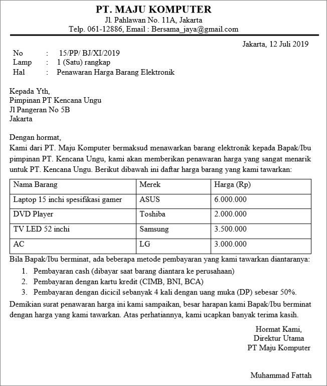 2. Contoh Surat Permintaan Penawaran Harga