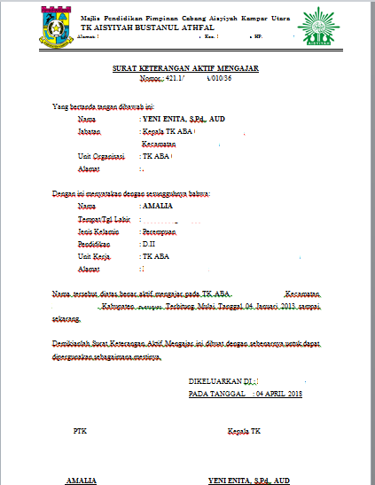 3. Contoh Surat Keterangan Sekolah TK Taman Kanak Kanak Paud