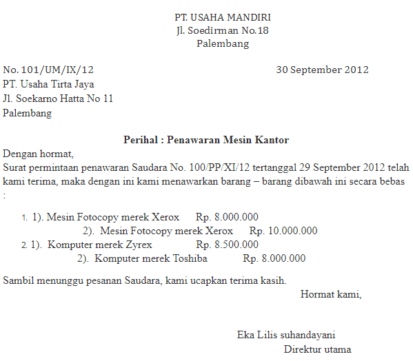 3. Contoh Surat Niaga Pemesanan Barang Atas Penawaran