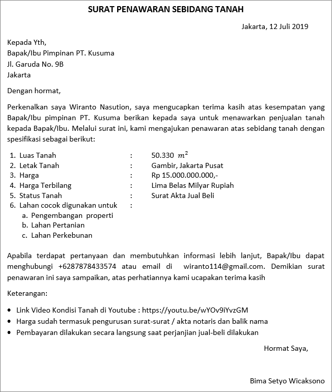 3. Contoh Surat Penawaran Harga Tanah