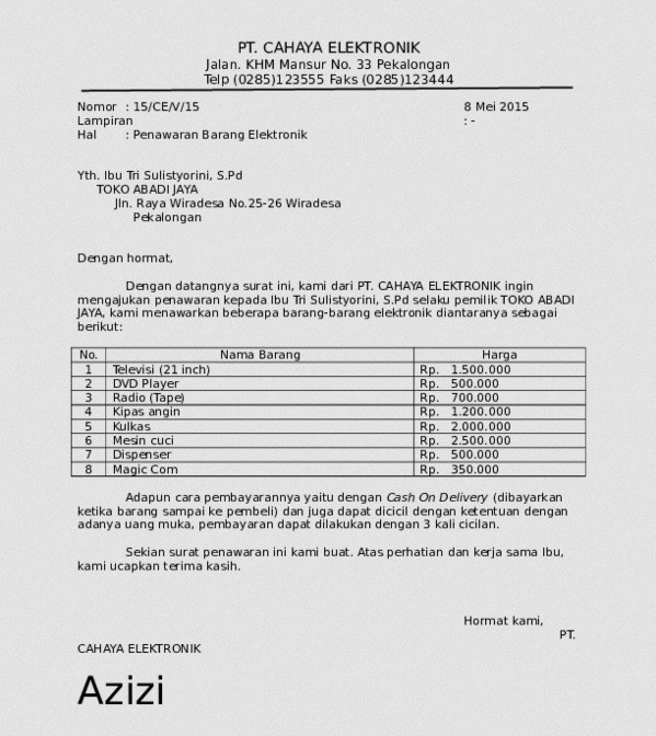 4. Contoh Surat Permintaan Penawaran Barang Elektronik