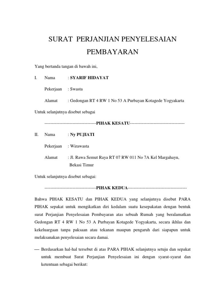 4. Contoh Surat Pernyataan Perjanjian Pembayaran