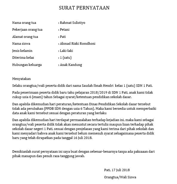 6. Contoh Surat Pernyataan Orang Tua Siswa Baru