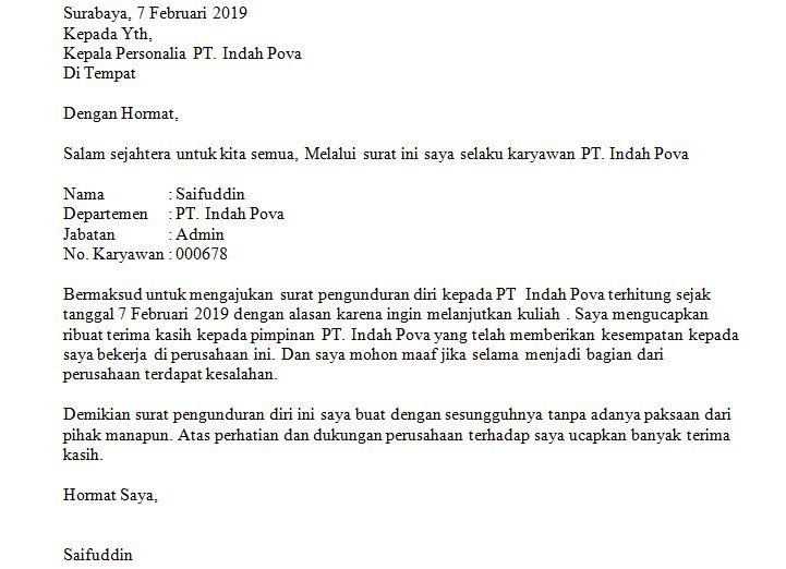 7. Contoh Surat Pengunduran Diri Dari Jabatan