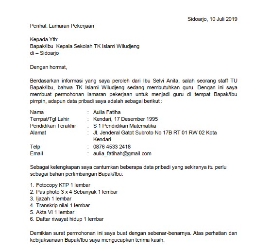 8. Contoh Surat Lamaran Kerja Guru PAUD